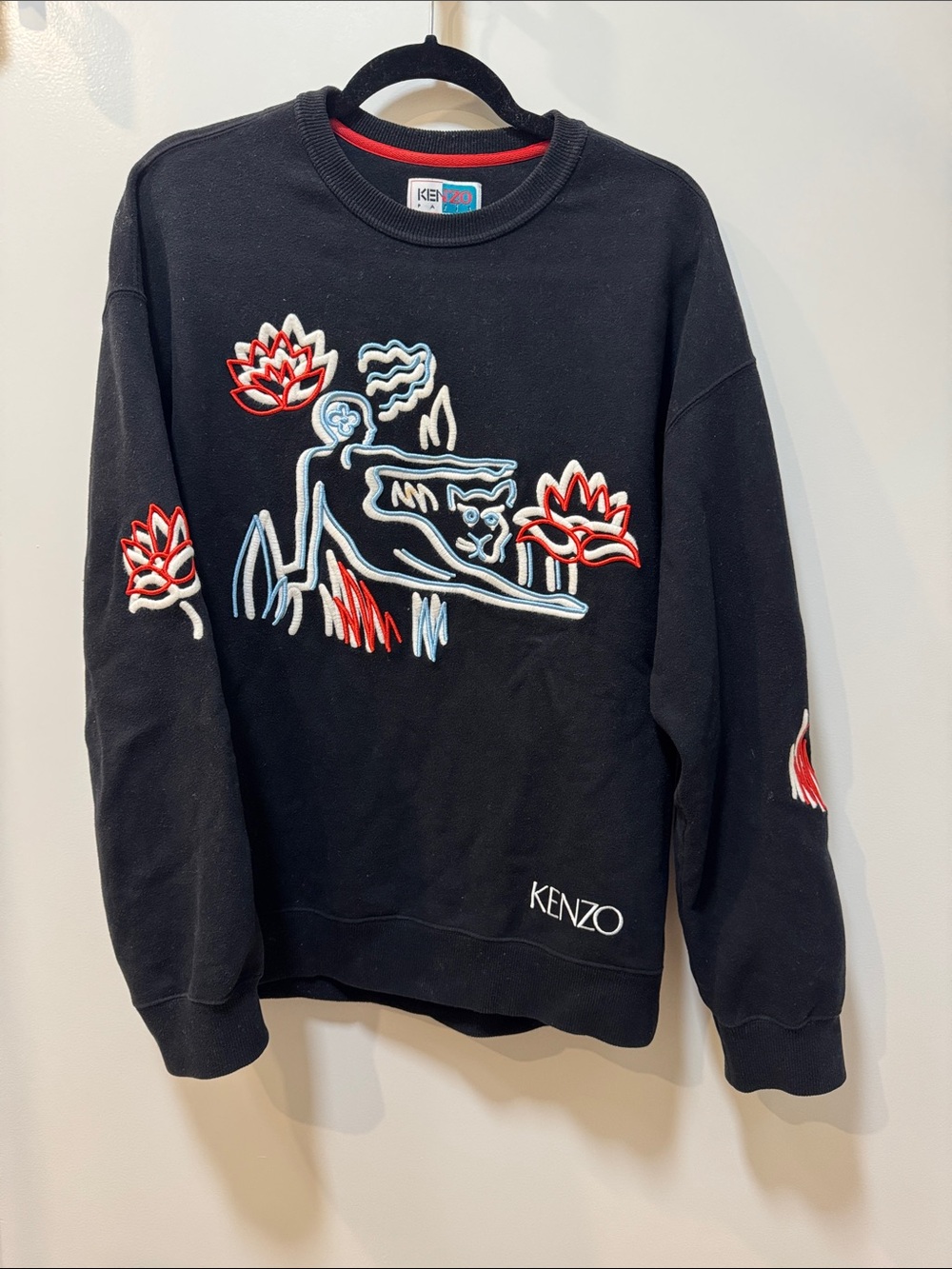 Kenzo Black Crewneck Sweater with Red and Light Blue Embroidery